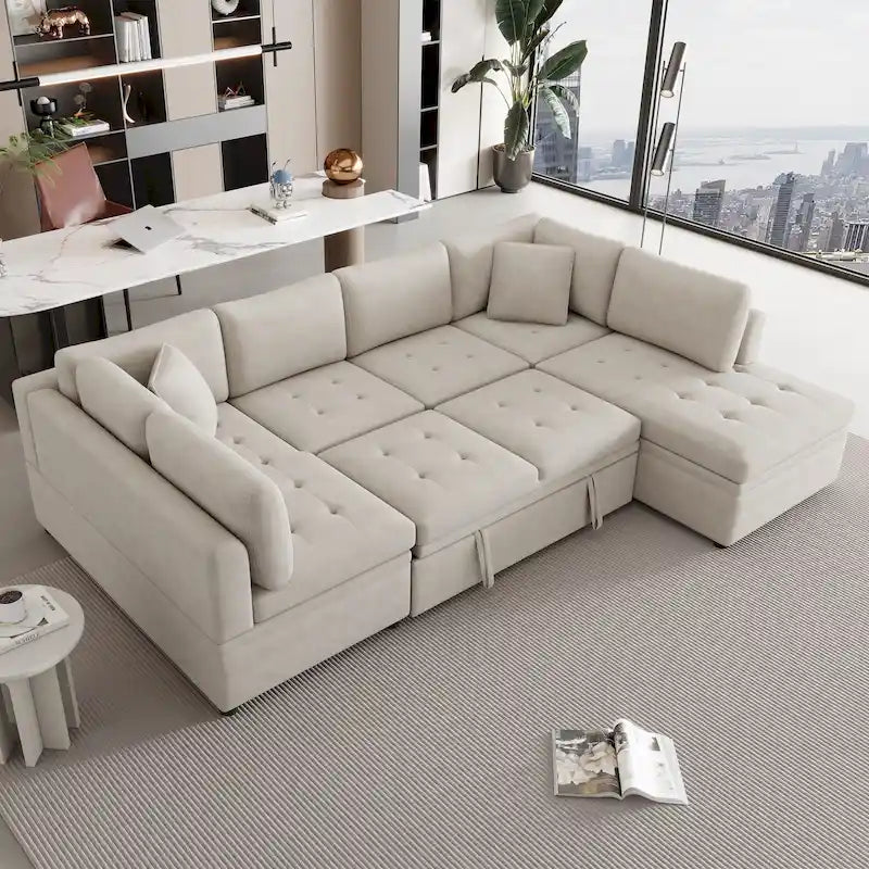 117.3 Oversized Sectional Sofa U- shaped Sofa Couch Pull-out Sofa Bed with Two Throw Pillows for Living Room, Beige