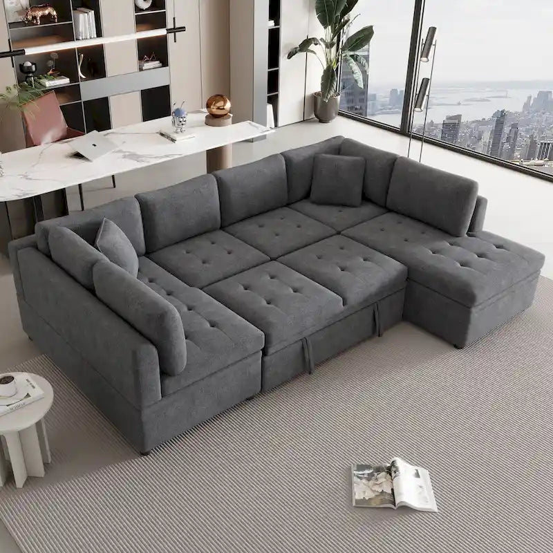 117.3 Oversized Sectional Sofa U- shaped Sofa Couch Pull-out Sofa Bed with Two Throw Pillows for Living Room, Beige