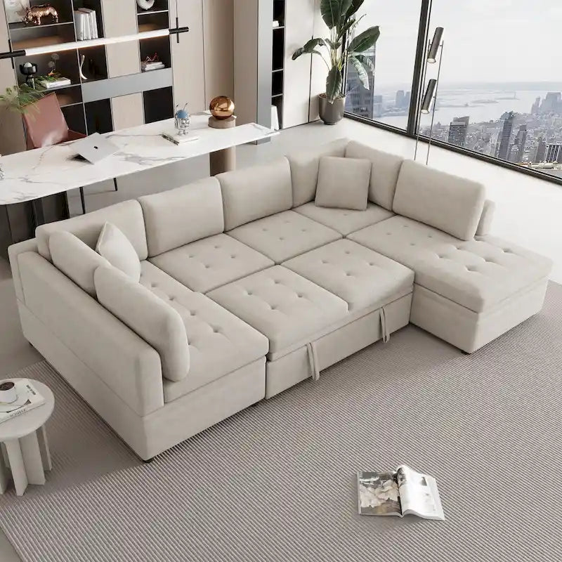 117.3 Oversized Sectional Sofa U- shaped Sofa Couch Pull-out Sofa Bed with Two Throw Pillows for Living Room, Beige