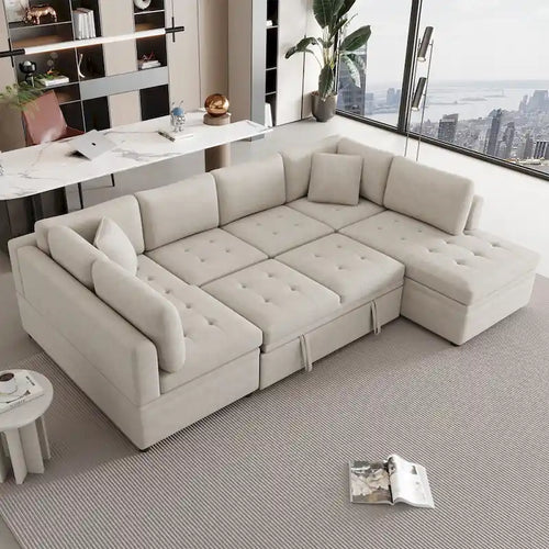 117.3 Oversized Sectional Sofa U- shaped Sofa Couch Pull-out Sofa Bed with Two Throw Pillows for Living Room, Beige