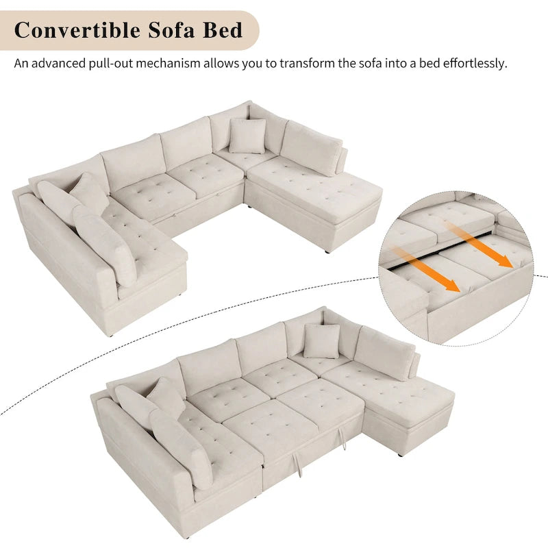 117.3 Oversized Sectional Sofa U- shaped Sofa Couch Pull-out Sofa Bed with Two Throw Pillows for Living Room, Beige