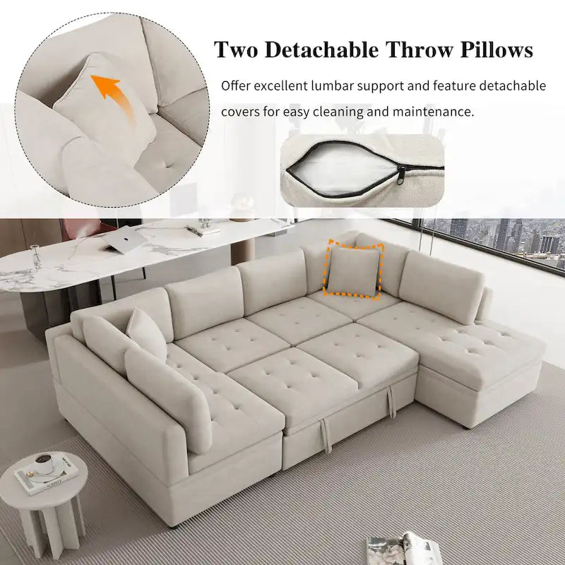 117.3 Oversized Sectional Sofa U- shaped Sofa Couch Pull-out Sofa Bed with Two Throw Pillows for Living Room, Beige