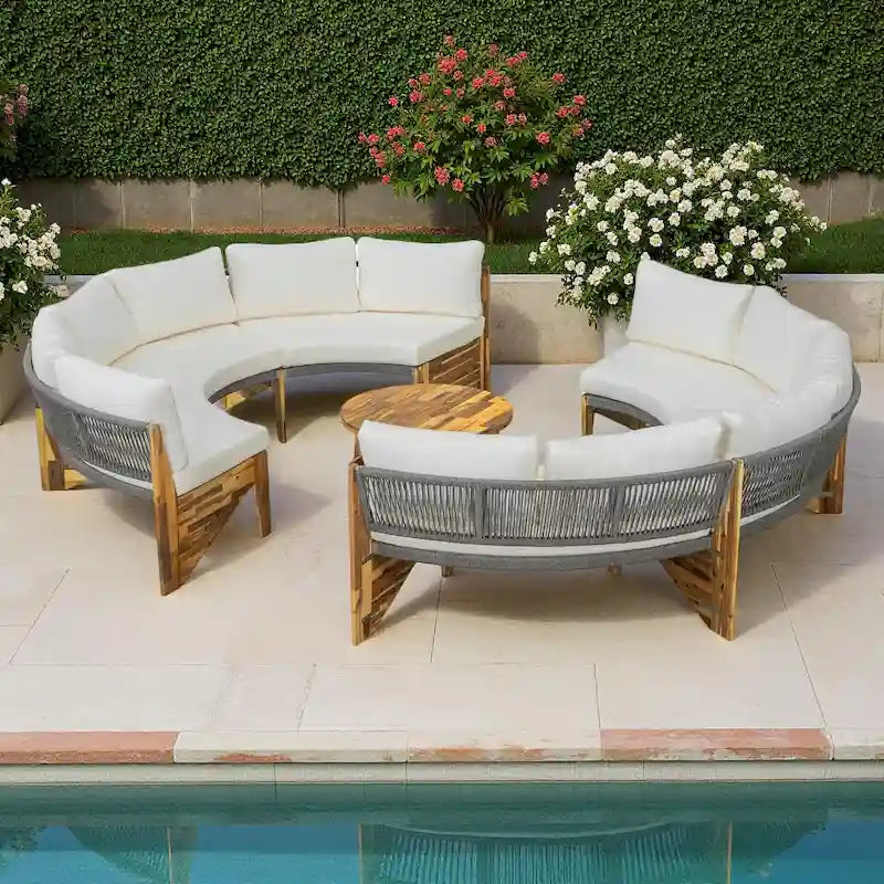 12-Seater Outdoor Acacia Wood Round Sectional Sofa Set with Coffee Table