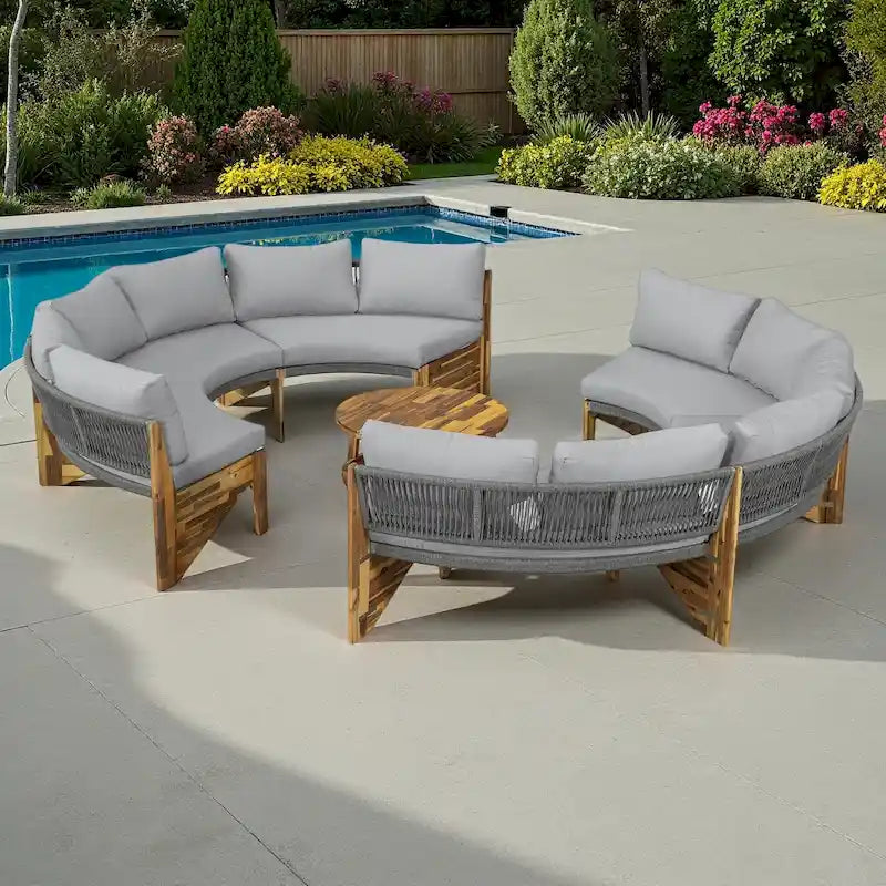12-Seater Outdoor Acacia Wood Round Sectional Sofa Set with Coffee Table