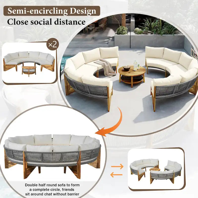 12-Seater Outdoor Acacia Wood Round Sectional Sofa Set with Coffee Table