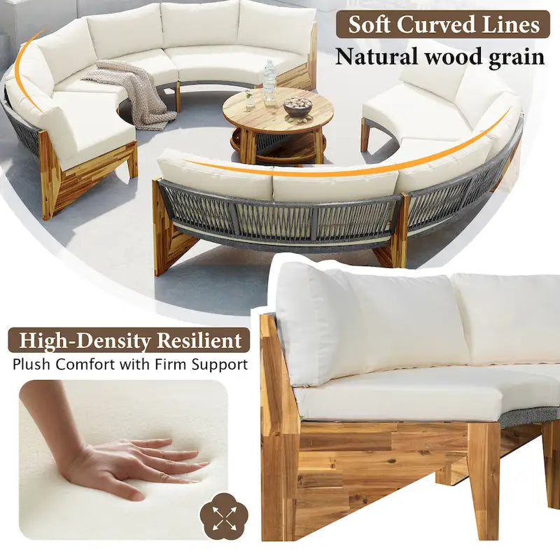 12-Seater Outdoor Acacia Wood Round Sectional Sofa Set with Coffee Table