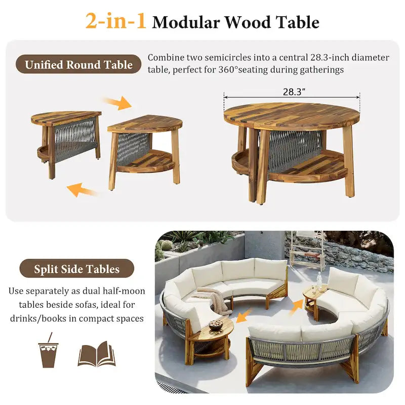 12-Seater Outdoor Acacia Wood Round Sectional Sofa Set with Coffee Table