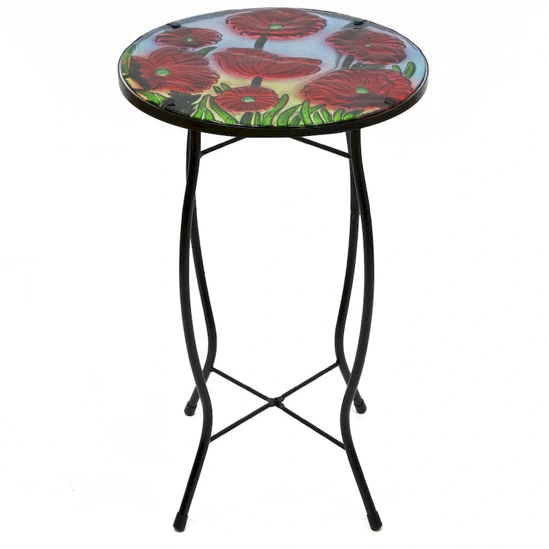 19  Red Floral Poppies Glass Patio Side Table