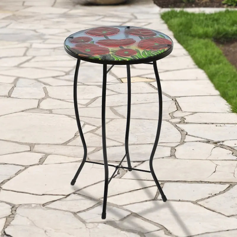 19  Red Floral Poppies Glass Patio Side Table