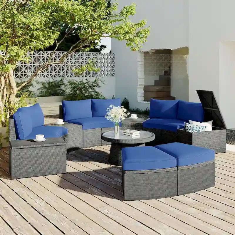 10-Piece Outdoor Sectional Half Round Patio Rattan Sofa Set
