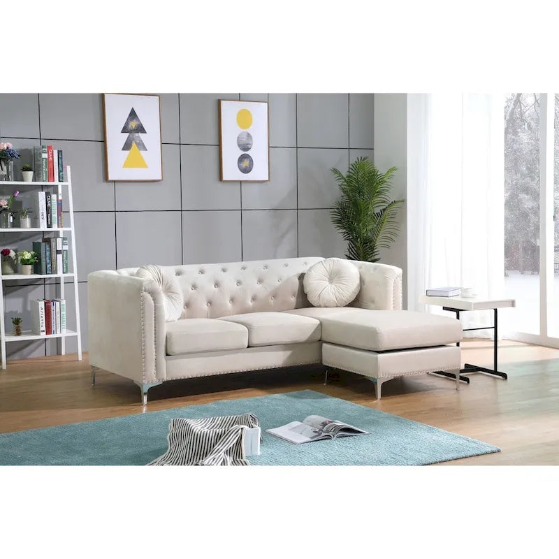 Pompano Velvet Button Tufted Sofa with Chaise