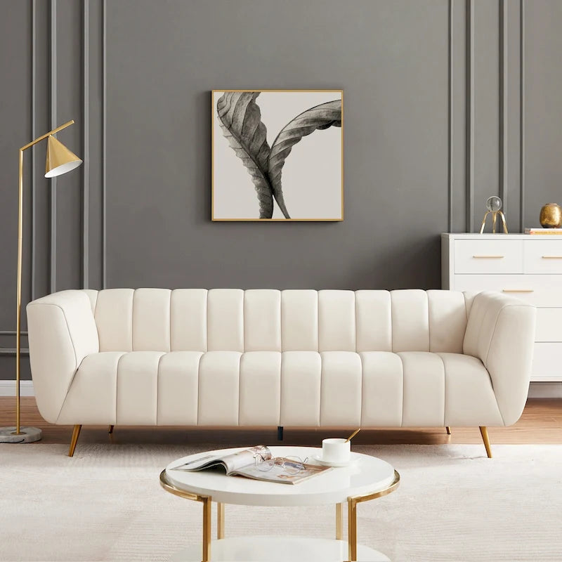 Clovis Mid-Century Modern Furniture Style Upholstered Leather Couch in Cream