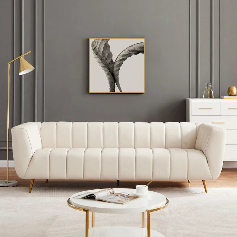 Clovis Mid-Century Modern Furniture Style Upholstered Leather Couch in Cream
