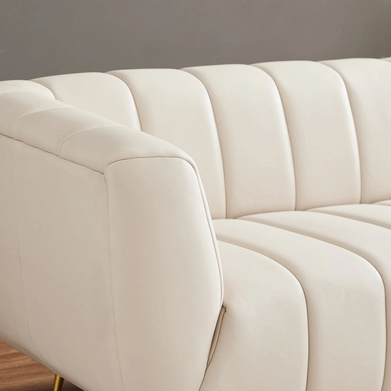 Clovis Mid-Century Modern Furniture Style Upholstered Leather Couch in Cream