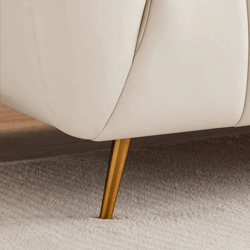 Clovis Mid-Century Modern Furniture Style Upholstered Leather Couch in Cream