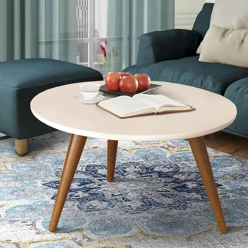 24 Inch  Coffee Table, Round Off White MDF Top, Tapered Brown Mango Wood Legs