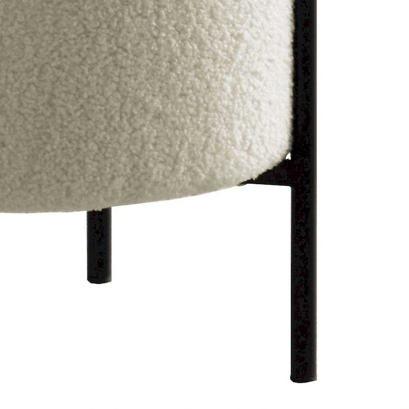 18 Inch Modern Foam Ottoman, Beige Faux Sheep Skin, Matte Black Metal Legs