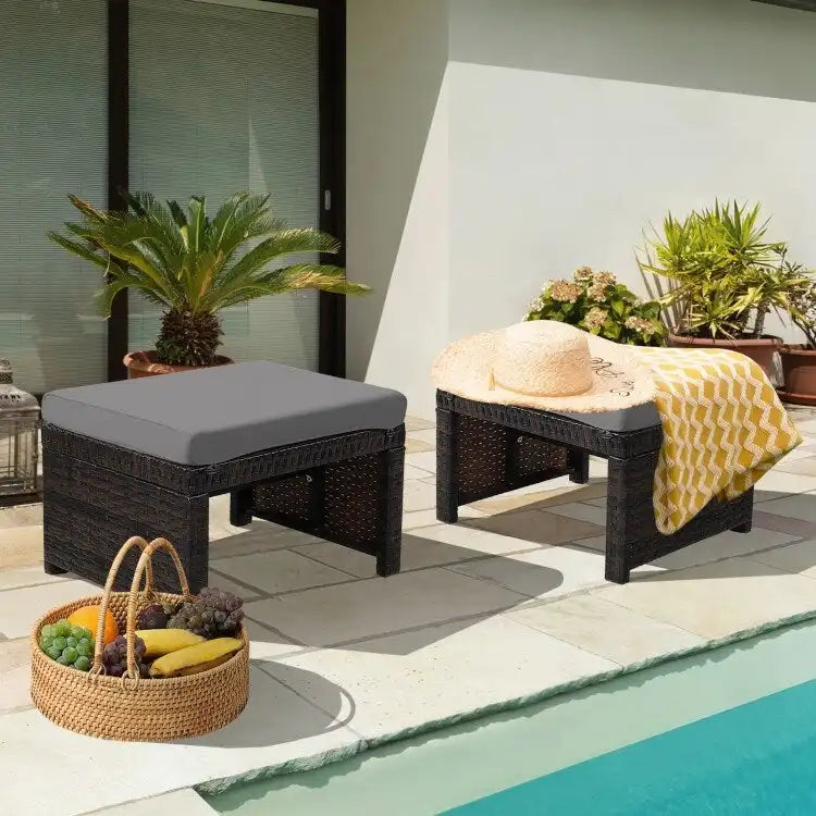 2 Pieces Cushioned Patio Rattan Ottoman Foot Rest-Gray - 19.5  x 15.5  x 13  (L x W x H)