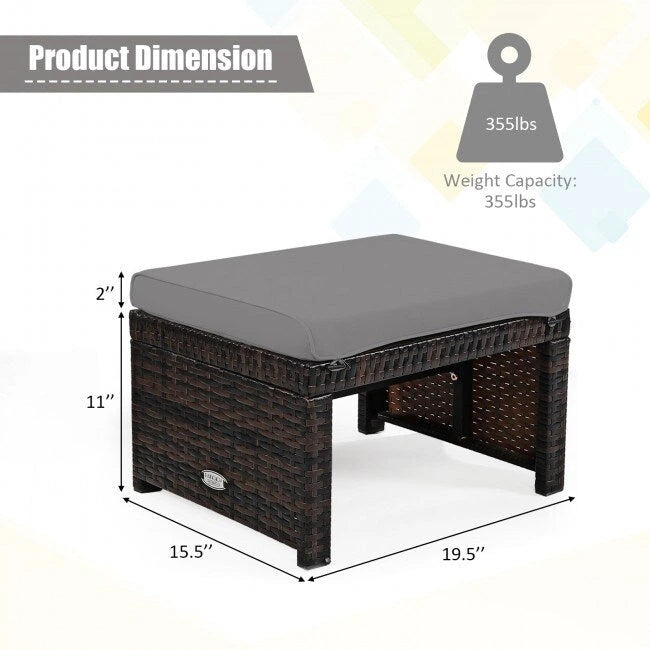 2 Pieces Cushioned Patio Rattan Ottoman Foot Rest-Gray - 19.5  x 15.5  x 13  (L x W x H)