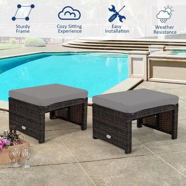 2 Pieces Cushioned Patio Rattan Ottoman Foot Rest-Gray - 19.5  x 15.5  x 13  (L x W x H)