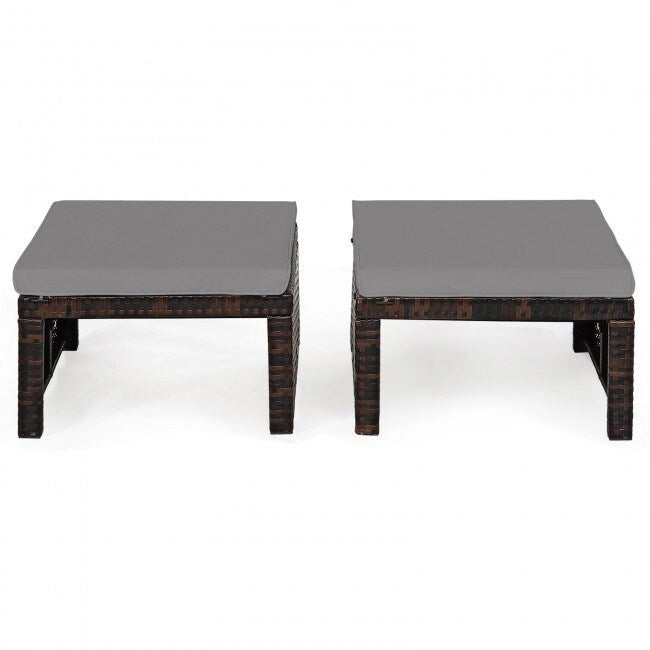 2 Pieces Cushioned Patio Rattan Ottoman Foot Rest-Gray - 19.5  x 15.5  x 13  (L x W x H)