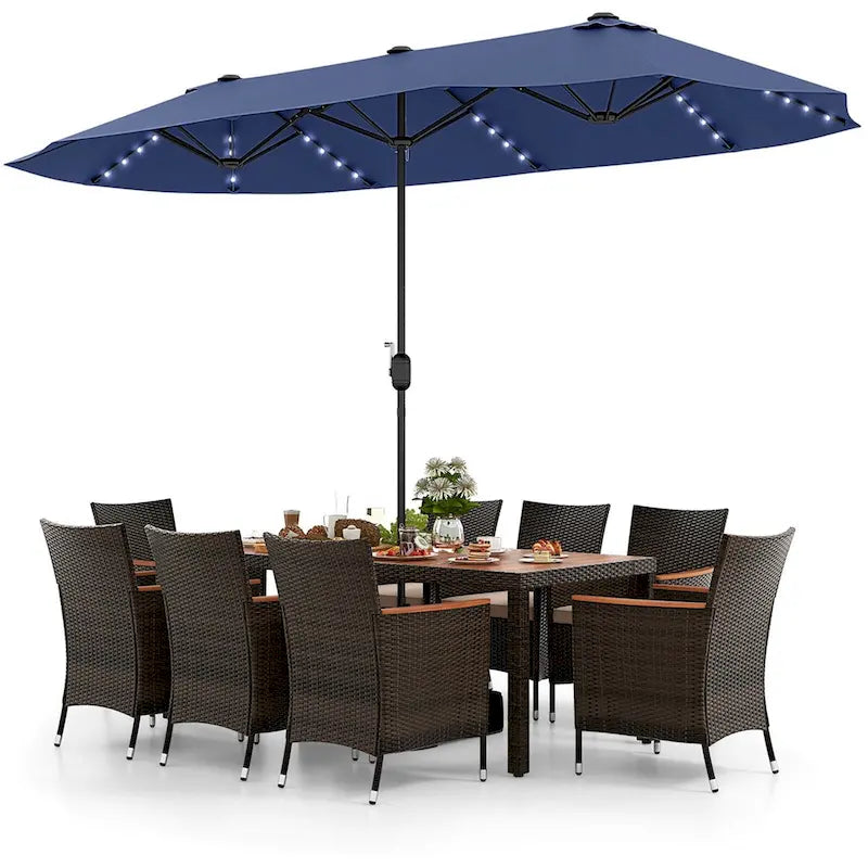 11 PCS Patio Dining Set Outdoor Rattan Furniture Set w/ 15ft Umbrella