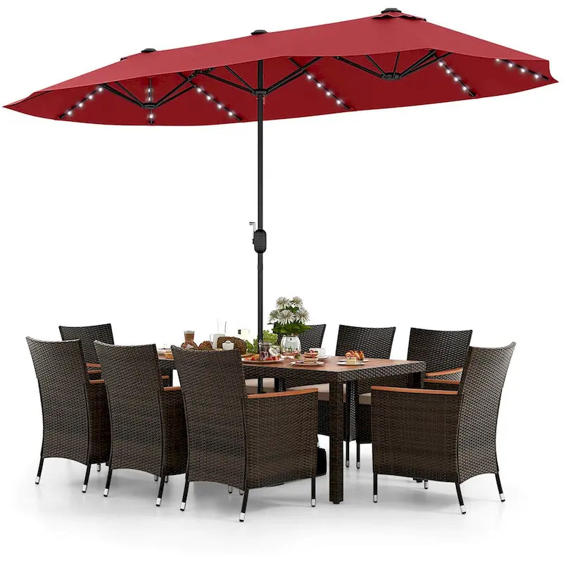 11 PCS Patio Dining Set Outdoor Rattan Furniture Set w/ 15ft Umbrella