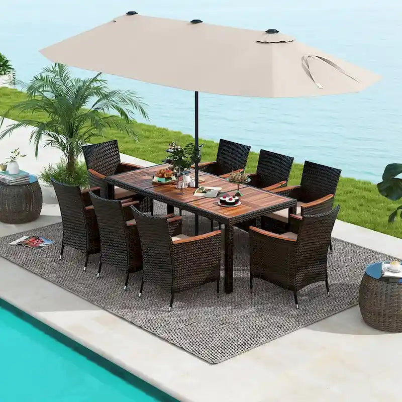 11 PCS Patio Dining Set Outdoor Rattan Furniture Set w/ 15ft Umbrella