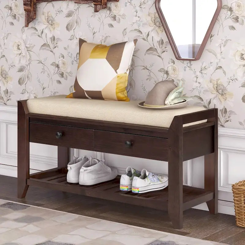 with Cushioned Seat and Drawers, Multipurpose Entryway Storage Bench
