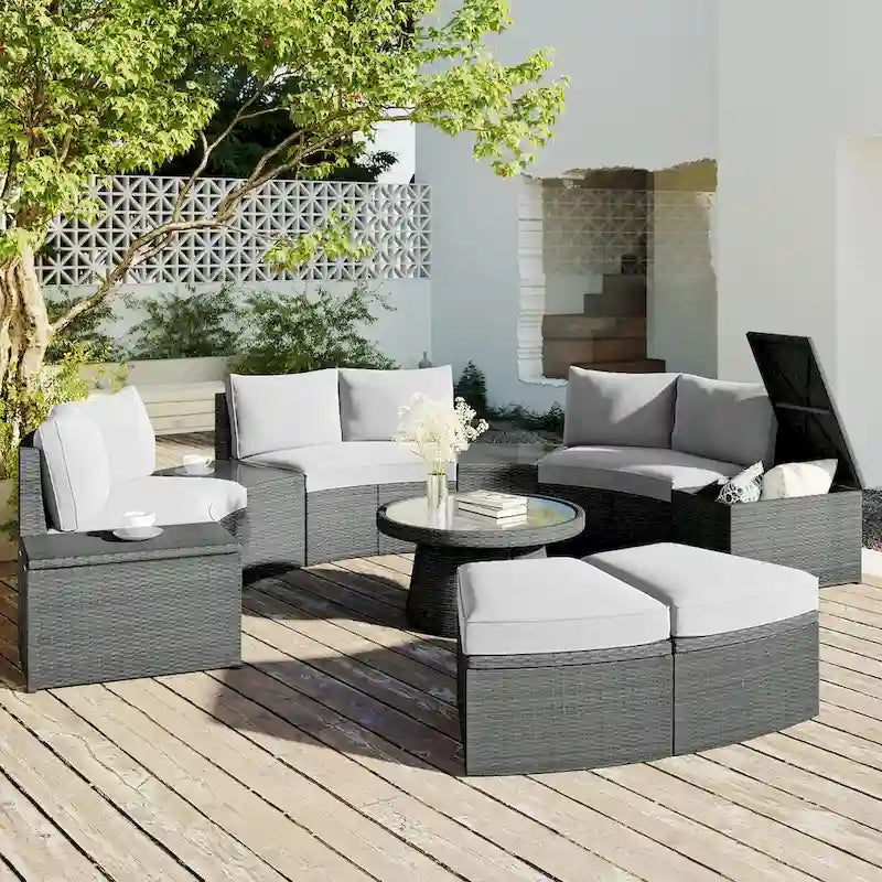 10-Piece Outdoor Sectional Half Round Patio Rattan Sofa Set, PE Wicker Conversation Furniture Set for Free Combination