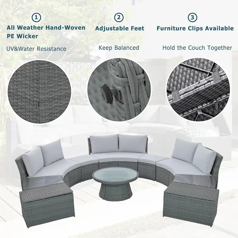10-Piece Outdoor Sectional Half Round Patio Rattan Sofa Set, PE Wicker Conversation Furniture Set for Free Combination