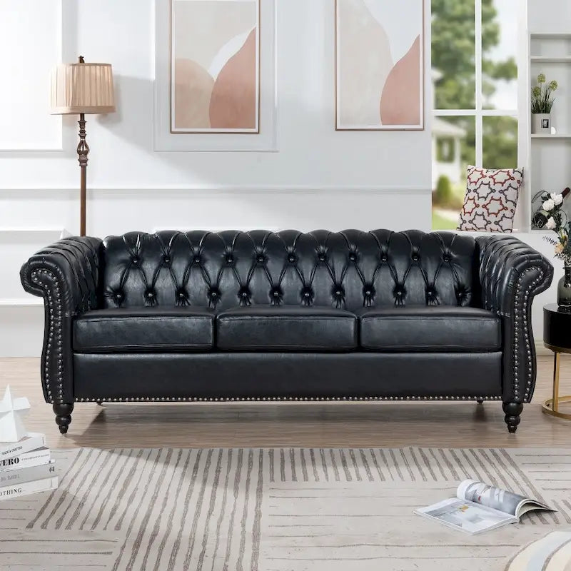 84.65 PU Rolled Arm Chesterfield 3 Seater Sofa