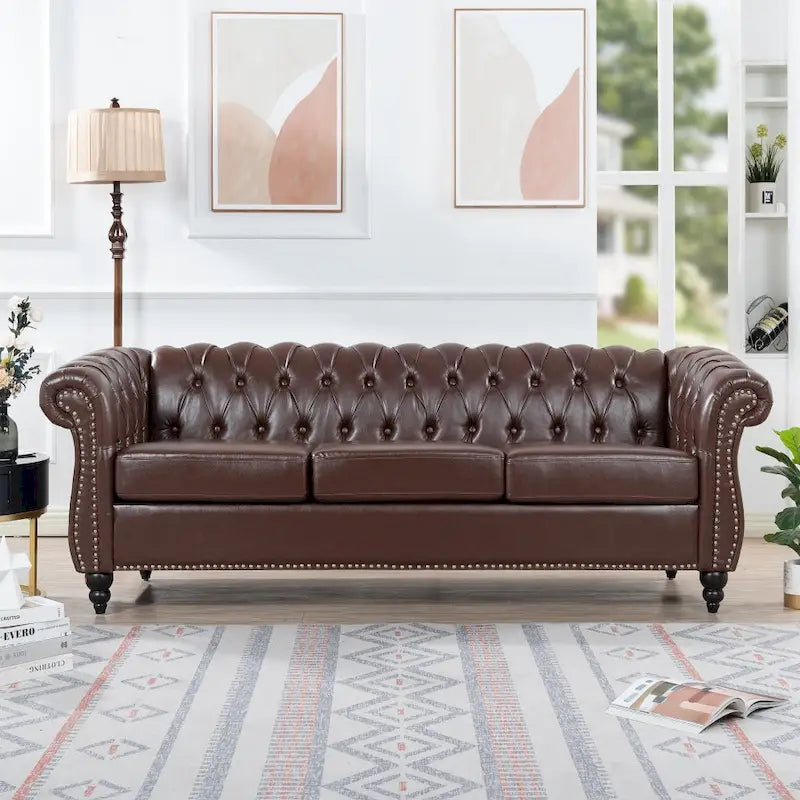 84.65 PU Rolled Arm Chesterfield 3 Seater Sofa