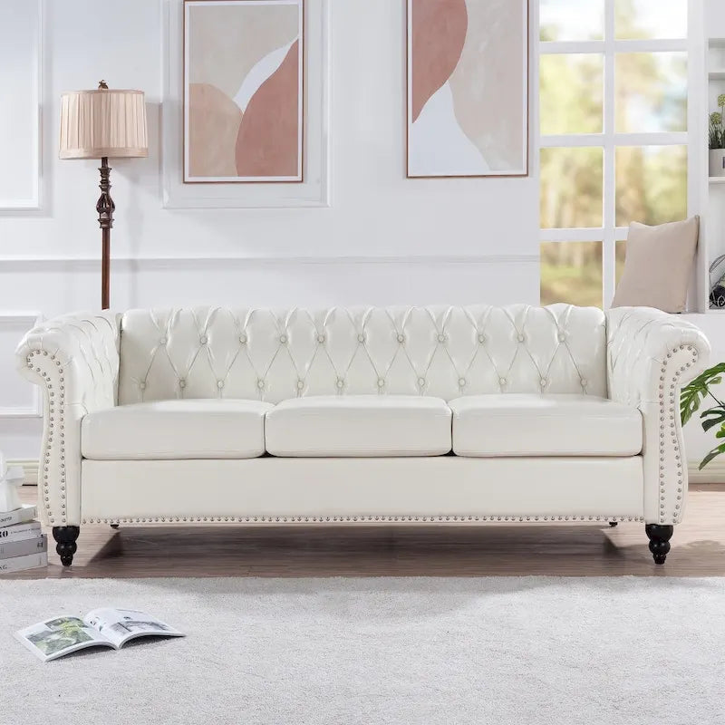 84.65 PU Rolled Arm Chesterfield 3 Seater Sofa