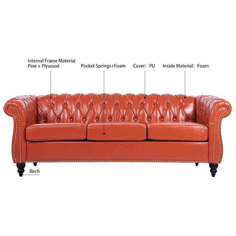 84.65 PU Rolled Arm Chesterfield 3 Seater Sofa