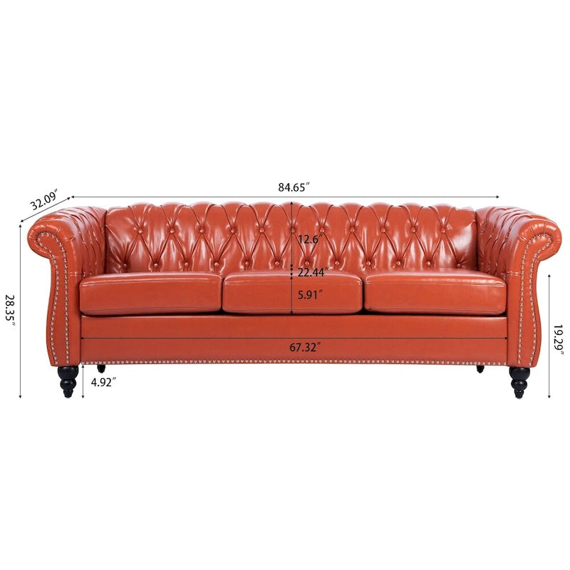 84.65 PU Rolled Arm Chesterfield 3 Seater Sofa
