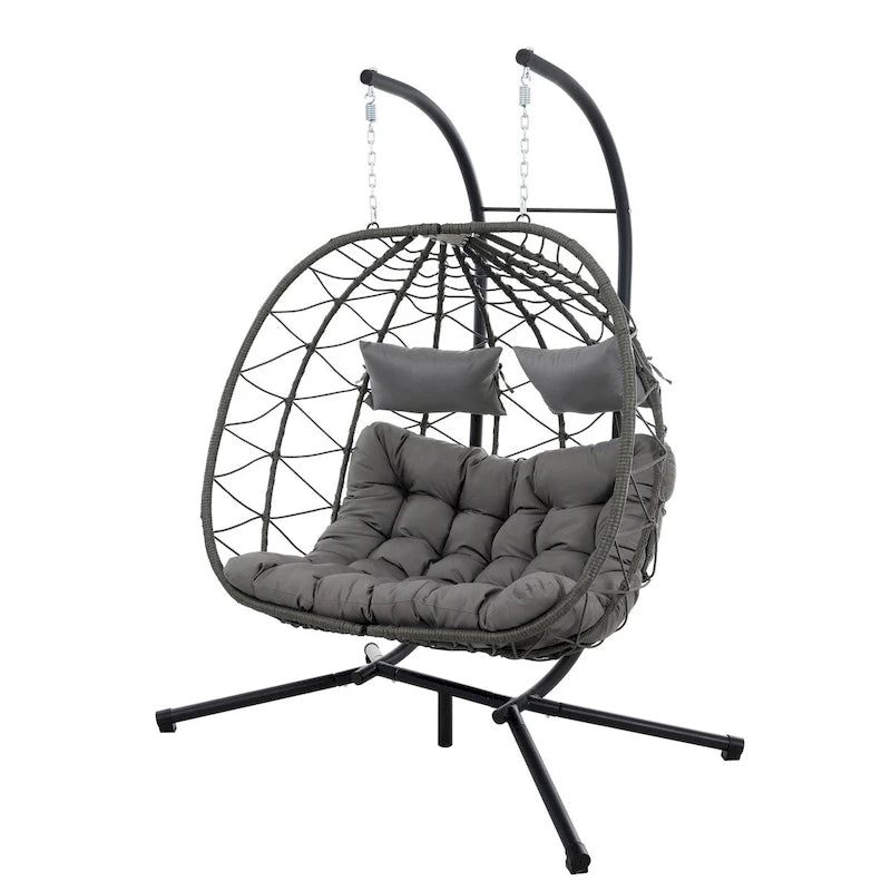 2 Persons Egg Chair with Stand Indoor Outdoor Swing Chair Patio Wicker Hanging Egg Chair Hanging Basket Chair with Stand