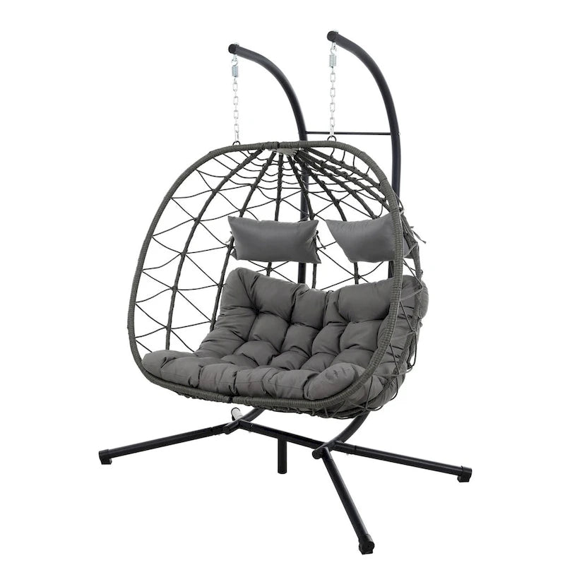 2 Persons Egg Chair with Stand Indoor Outdoor Swing Chair Patio Wicker Hanging Egg Chair Hanging Basket Chair with Stand