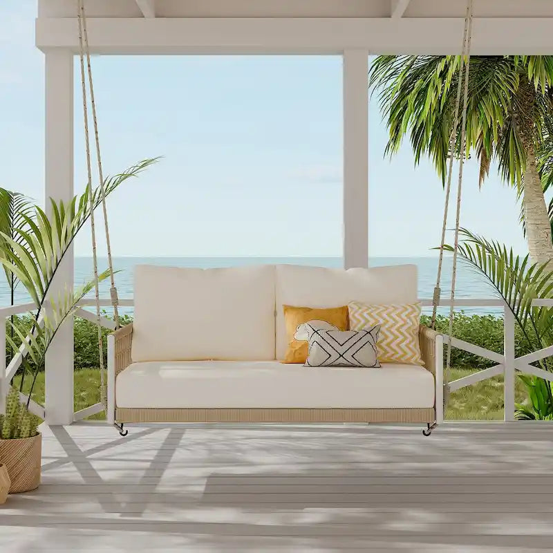 1-Piece Woven Rope Outdoor Swing Sofa with Soft Cushions Seating 2 for Patio, Courtyard and Balcony (Beige)