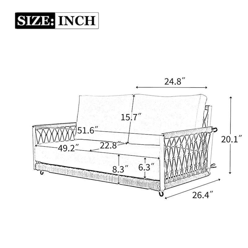 1-Piece Woven Rope Outdoor Swing Sofa with Soft Cushions Seating 2 for Patio, Courtyard and Balcony (Beige)