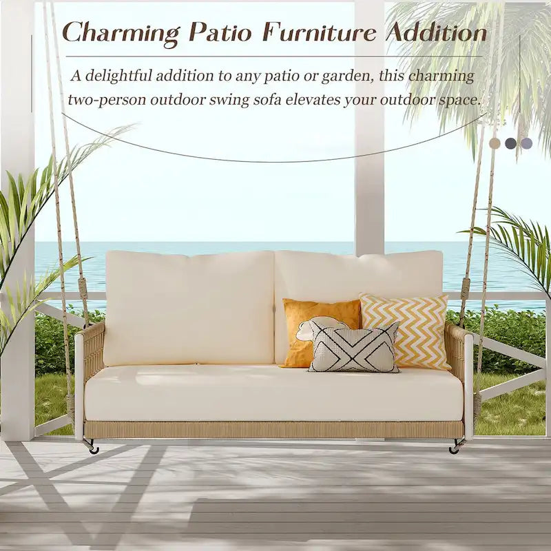 1-Piece Woven Rope Outdoor Swing Sofa with Soft Cushions Seating 2 for Patio, Courtyard and Balcony (Beige)