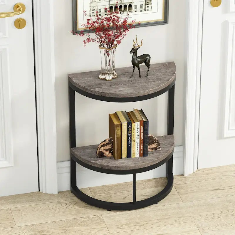 2-Tier Half Round End Table with Storage for Sofa, Living Room