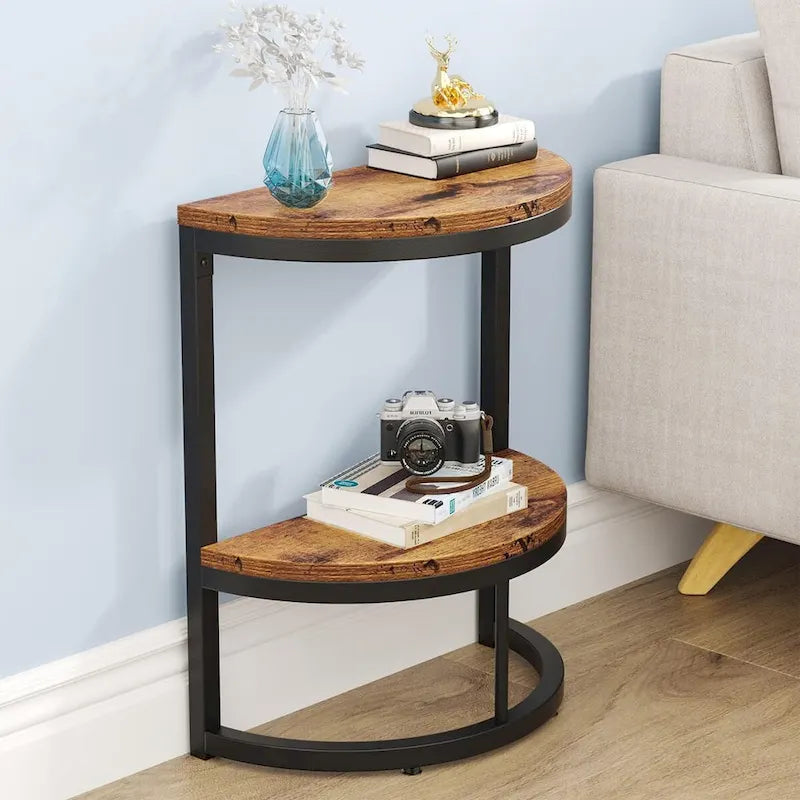2-Tier Half Round End Table with Storage for Sofa, Living Room