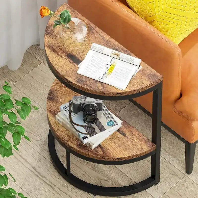 2-Tier Half Round End Table with Storage for Sofa, Living Room