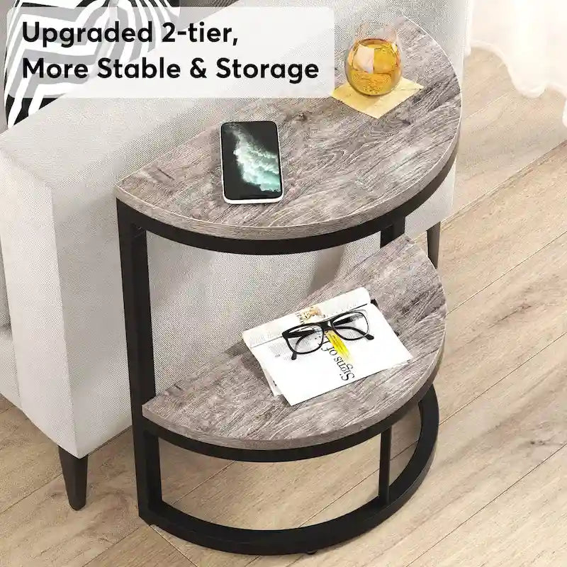 2-Tier Half Round End Table with Storage for Sofa, Living Room