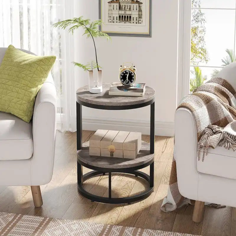 2-Tier Half Round End Table with Storage for Sofa, Living Room