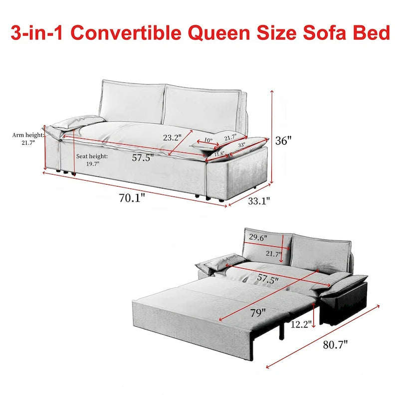 70.1 3-in-1 Convertible Queen Pull Out Sofa Bed with 2 Soft Pillows